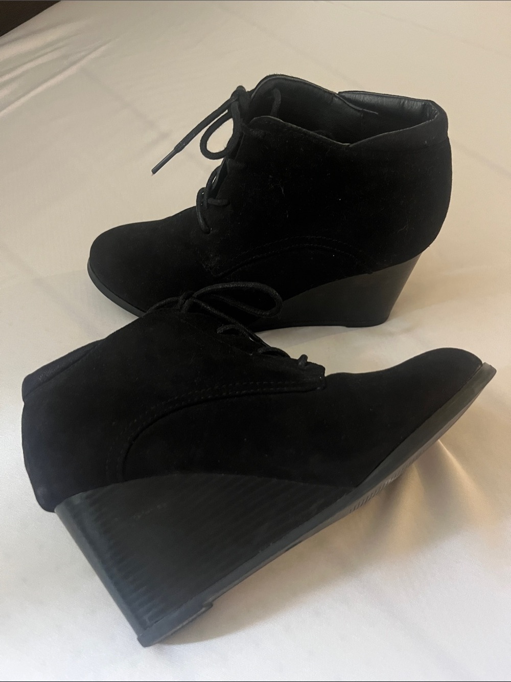 Women's Black Suede Wedge Ankle Booties - Lace-Up Comfort